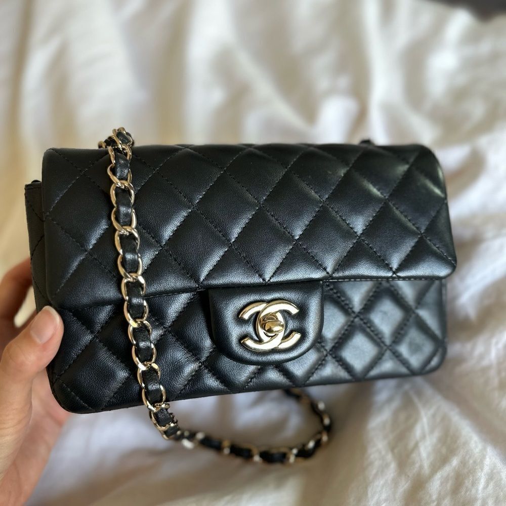 Chanel Black Lambskin Leather Mini Classic Rectangular Flap Light Gold Hardware - Picture 5 of 16